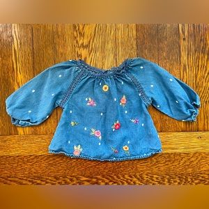 Peek Denim Peasant Top w Embroidered Polka Dots & Flowers Size 3-6 Months